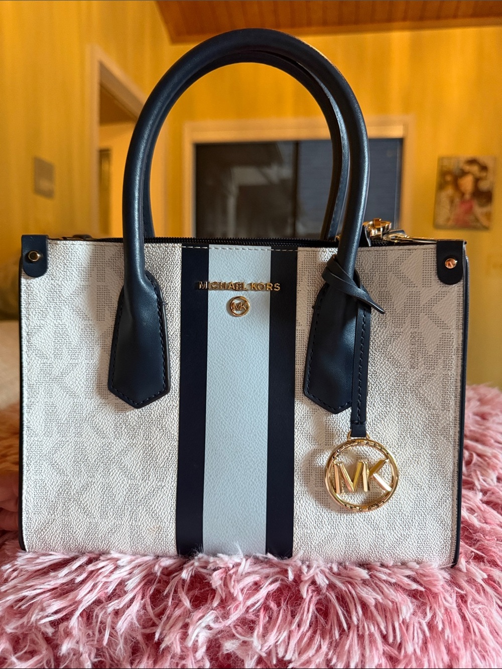 Michael Kors Navy and Cream Stripe Satchel with Gold Logo Charm